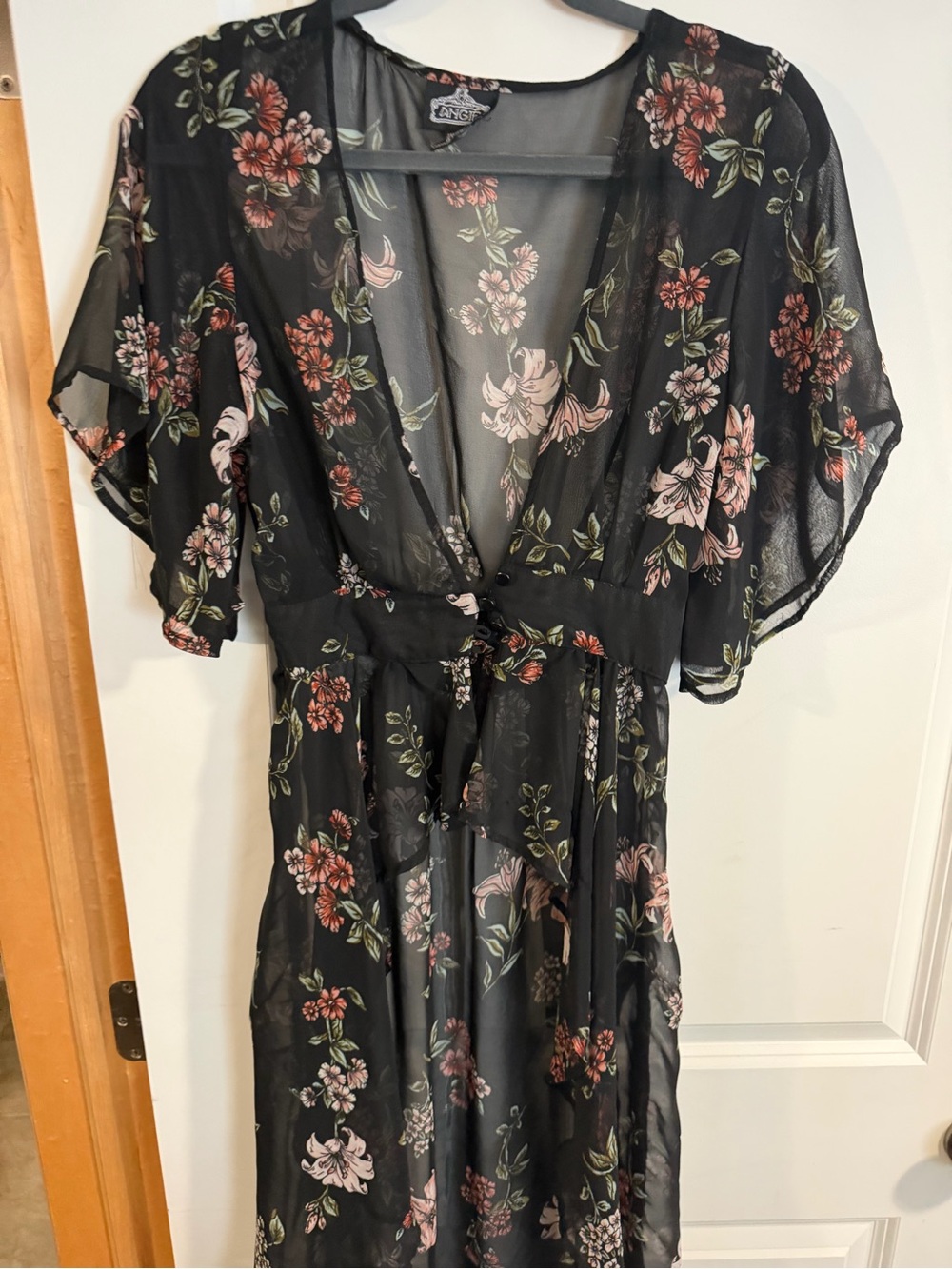 Floral Sheer Wrap Dress Duster- Black with Pink & Green Floral